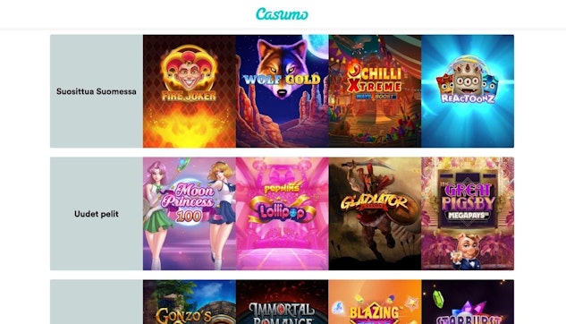 Casumon pelivalikoima on jaoteltu selkeasti kategorioihin
