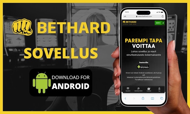 Kuvassa esittelyssa Bethard Casino mobiilissa ja Bethard sovelluksen latauspainike